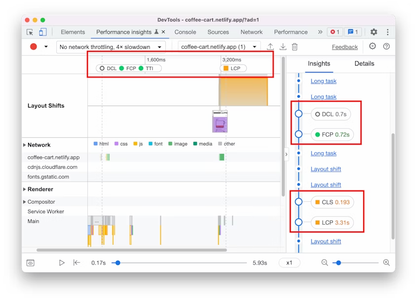 View Web Vitals performance metrics